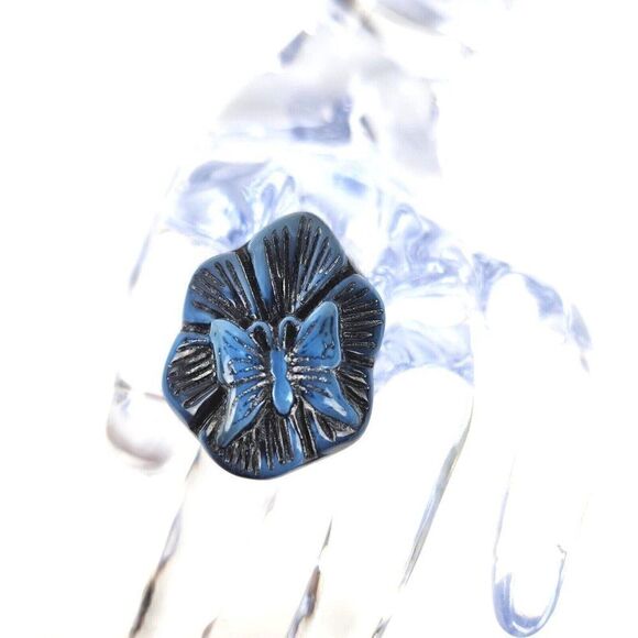 Lot of 2 Vintage Large Blue Plastic Flower Butterfly Statement Rings sz 6.25-6.5 - Picture 2 of 8